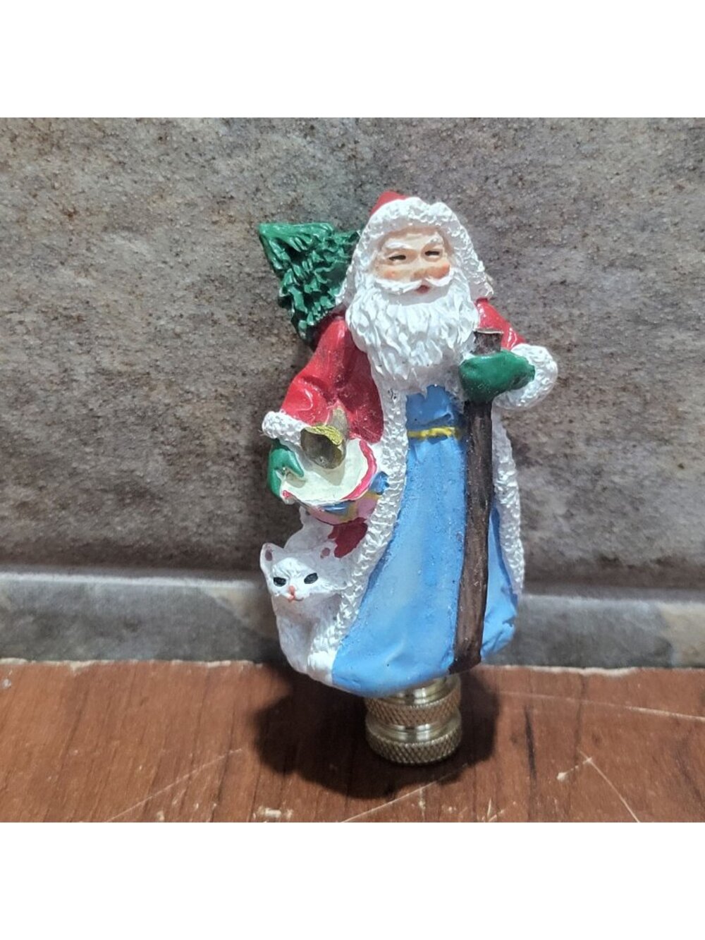 Vintage Polystone Santa Claus Lamp Finial Christmas Shade Topper White Cat 3"